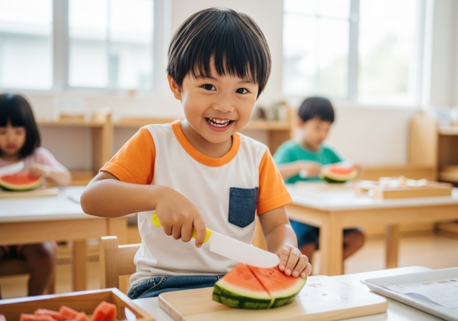 Child safely cutting fruit with child-sized knife in Montessori kitchen